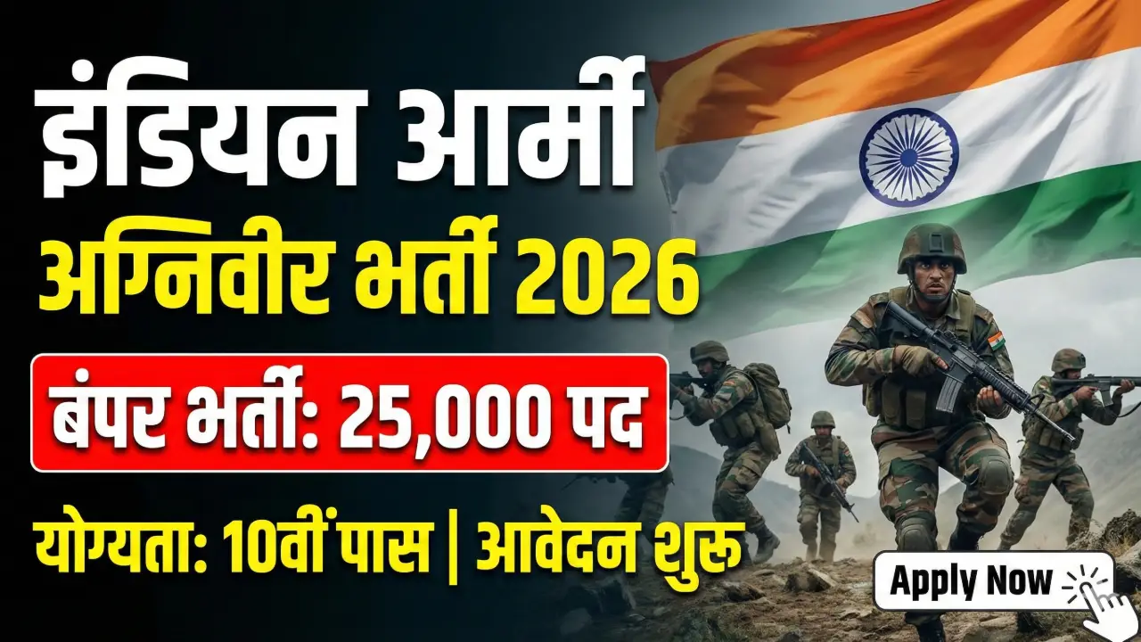 Indian Army Agniveer Recruitment 2026: 25,000 पदों पर भर्ती, 10वीं पास करें online Apply Direct Link banner - Government Job Vacancy 2025