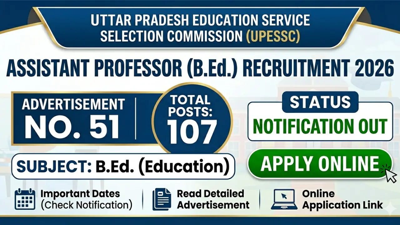 UPESSC Assistant Professor Recruitment 2026: Advt No 51 Notification Out for 107 Posts Apply Online banner